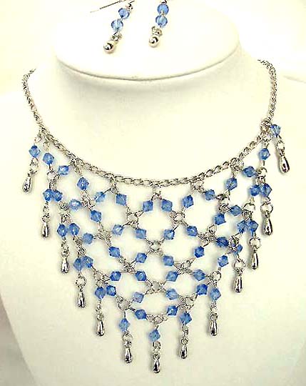 Fashion necklace and earring set, chain necklace with multi light blue rhinestone embedded web shape dangle pendant at center, beaded fish hook earring for match up