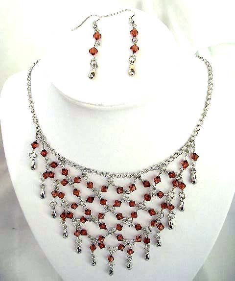 Fashion necklace and earring set, chain necklace with multi brown rhinestone embedded web shape dangle pendant at center, beaded fish hook earring for match up     