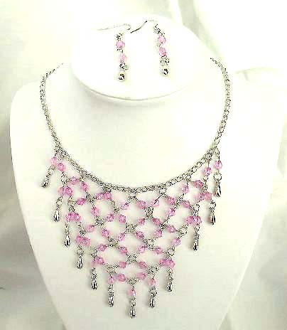 Fashion necklace and earring set, chain necklace with multi purple rhinestone embedded web shape dangle pendant at center, beaded fish hook earring for match 
up      