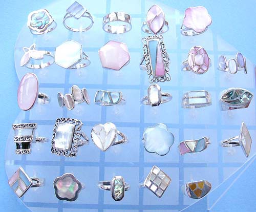 Gem stone silver jewelry wholesaler, sterling silver ring with assorted color seashell inlaid