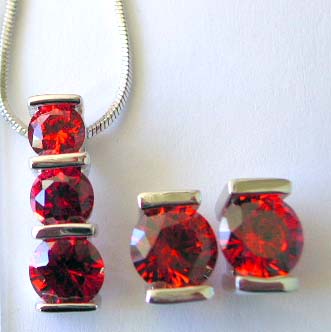 Fashion jewelry manufacturer wholesale chain necklace, rounded red cz pendant and stud earring set
