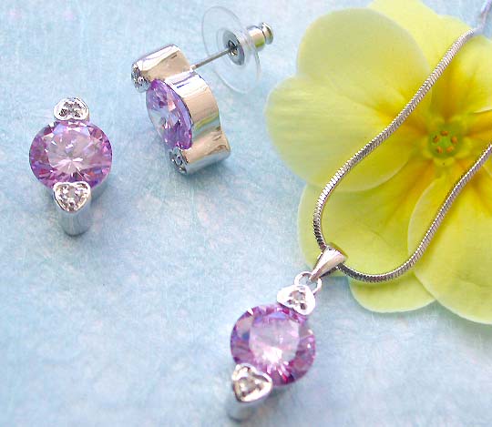 New age jewelry online store offering chain necklace, round purple cz heart love pendant and stud earring set