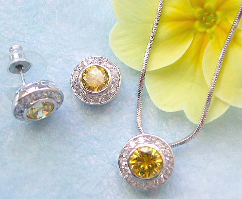 Shopping online estate jewelry shop offering chain necklace, rounded clear cz around yellow cz pendant and stud earring set