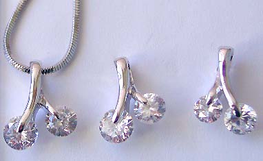 Wholesale platinum jewelry set, chain necklace, metal tree stem pattern holding double cz pendant and stud earring set