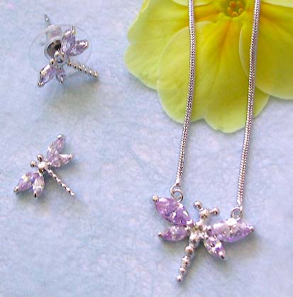 Trendy insect jewelry wholesaler offering chain necklace, light purple cz dragonfly pendant and stud earring set