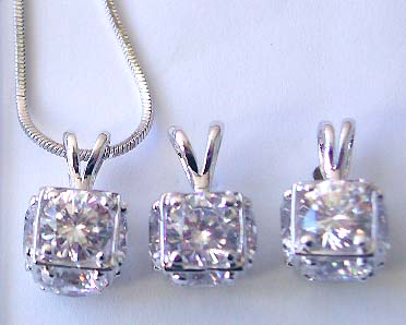 Jewelry accessory wholesale chain necklace, 5 rounded clear cz on 3-D square pendant and stud earring set
