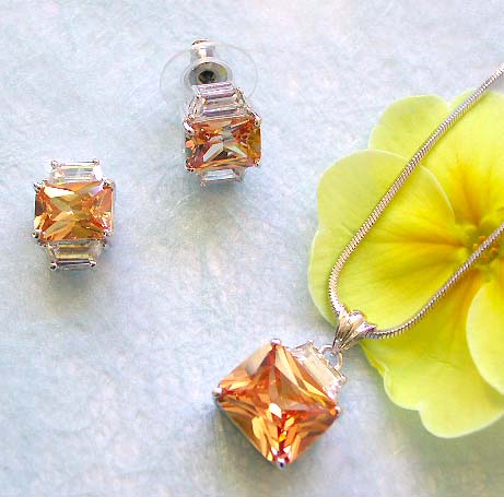 Costume importer jewelry wholesale chain necklace, rectangular orange cz pendant and stud earring set